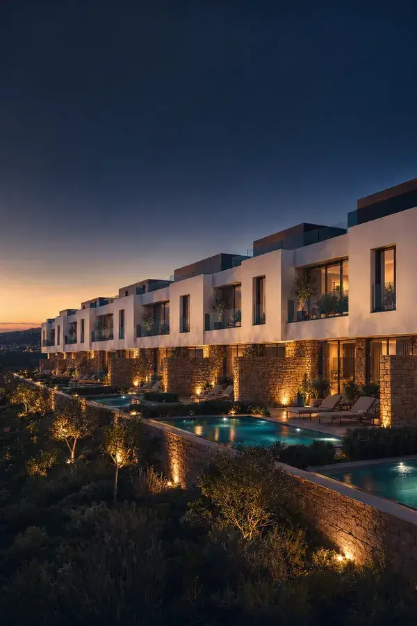 Fachadas contemporâneas com piscinas ao anoitecer